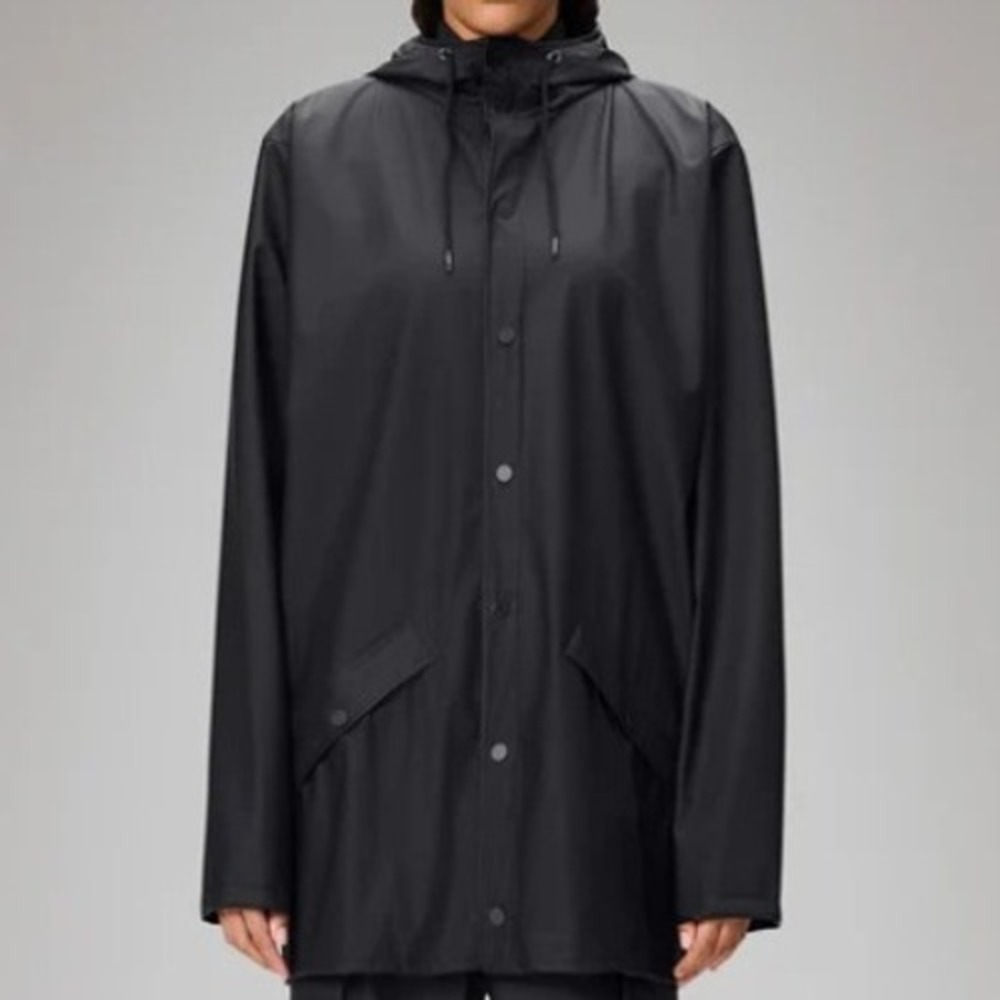 RAINS Women's XXS/XS Black‎ Snap Button Hooded Rain Jacket Waterproof Travel